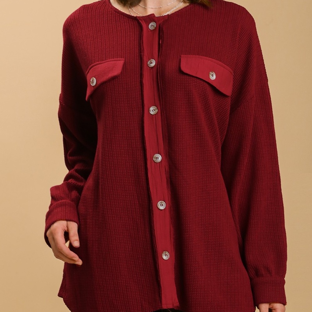 Umgee Waffle Knit Button Down Shacket | NWT | Wine | Cozy Neutral | Sizes S M L